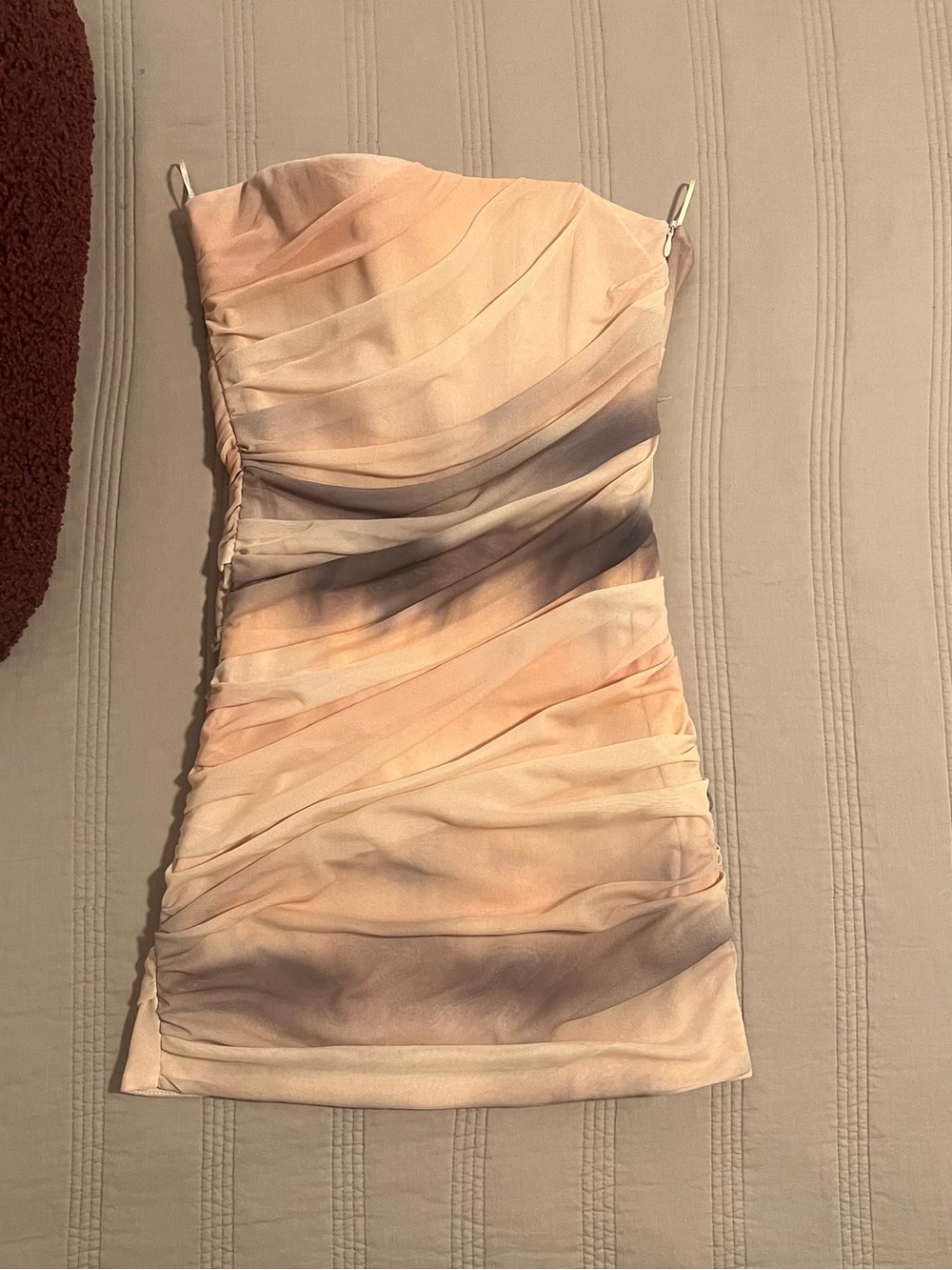 Zara Peach Taupe Ombre Ruched Mini Dress Sand Mesh Club Vacation